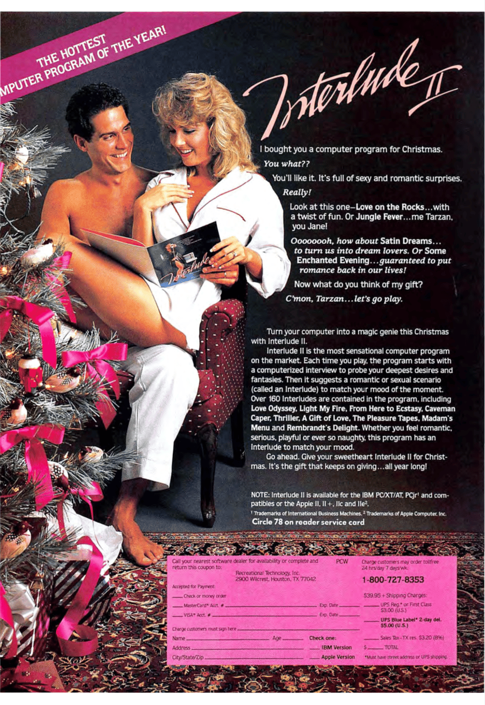 A man and woman sitting in front of a Christmas tree, looking at a software manual.