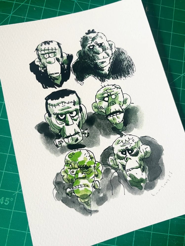 printed illustration of a bunch of different frankenstein's monster heads