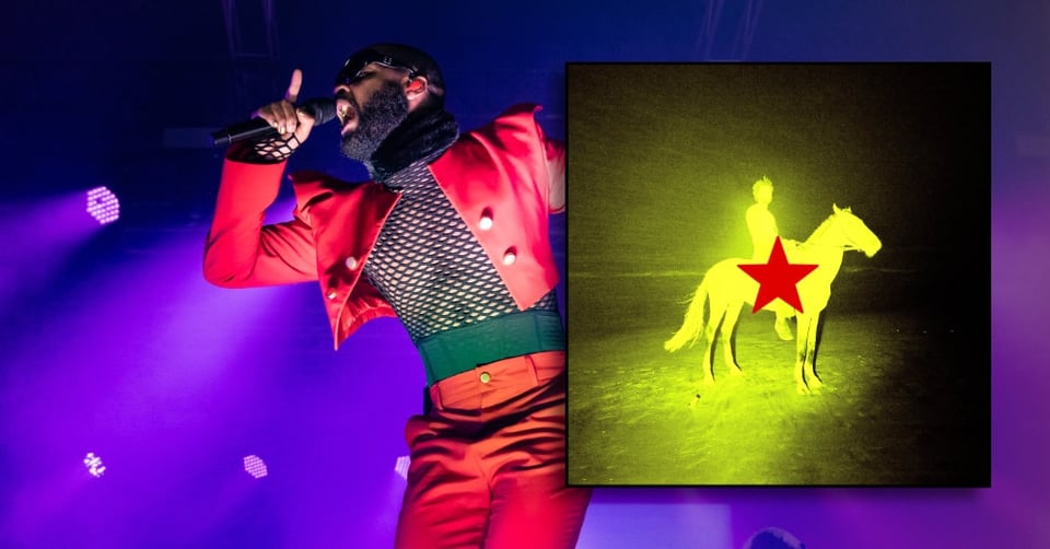 Genesis Owosu with the cover of his new album (representing a bright yellow overexposed man on a horse and a red star).