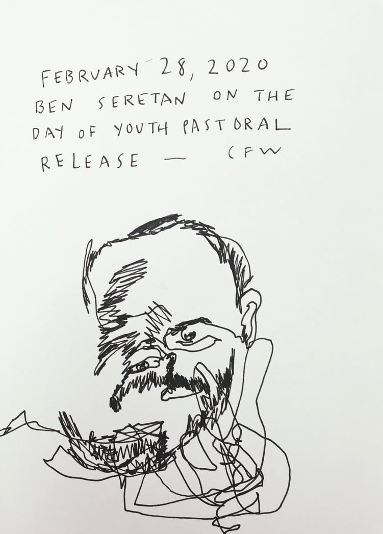 a single line drawing of Ben Seretan's face on the day that Youth Pastoral came out in 2020