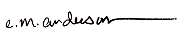 E.M. Anderson's author signature in lowercase cursive