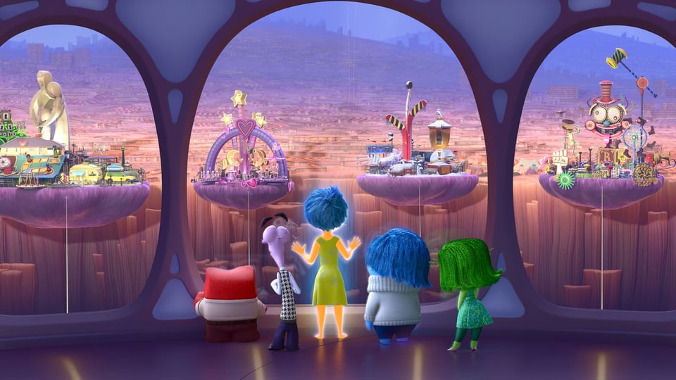 A still image from the movie Inside Out (2015). All the emotions (from left to right: Anger, Fear, Joy, Sadness and Disgust) look out into their host Riley's core memories, represented by several different themed islands.