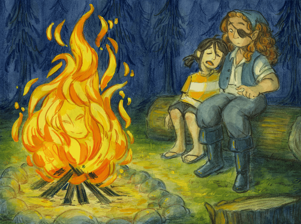 Two characters sit in front of a campfire. The younger one has fallen asleep on the older one. A face in the fire smiles at them