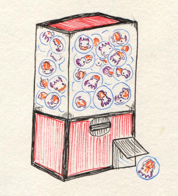 A classic red machine that dispenses toys in little plastic spheres, but instead of toys in plastic, it is loaded with flamboyant cuttlefish eggs.
