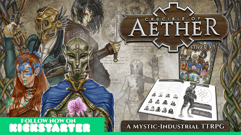 An image depicts the logo for TTRPG Crucible of Aether