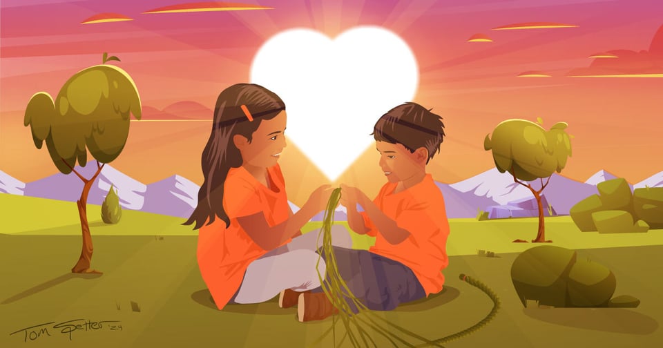 A graphic image of two indigenous children sitting in the landscape braiding sweetgrass with the sun in the shape of a heart behind them