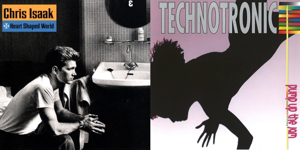 First pic: A black and white photo of Chris Isaak, a stupidly hansome white man, in a white t-shirt and dark pants. He's sitting on a bed in a motel room, his hands outstretched, fingertips touching. Behind him on the right side of the picture is a sink and mirror and some bath towels. He has a pensive expression on his face. It's a heart-shaped world, Chris. Second pic: On a pink background that slowly fades into white by the bottom is the silhouette of a woman. The original photo was probably of her dancing, but it's been arranged so she's facing down, so the effect is that she's falling.