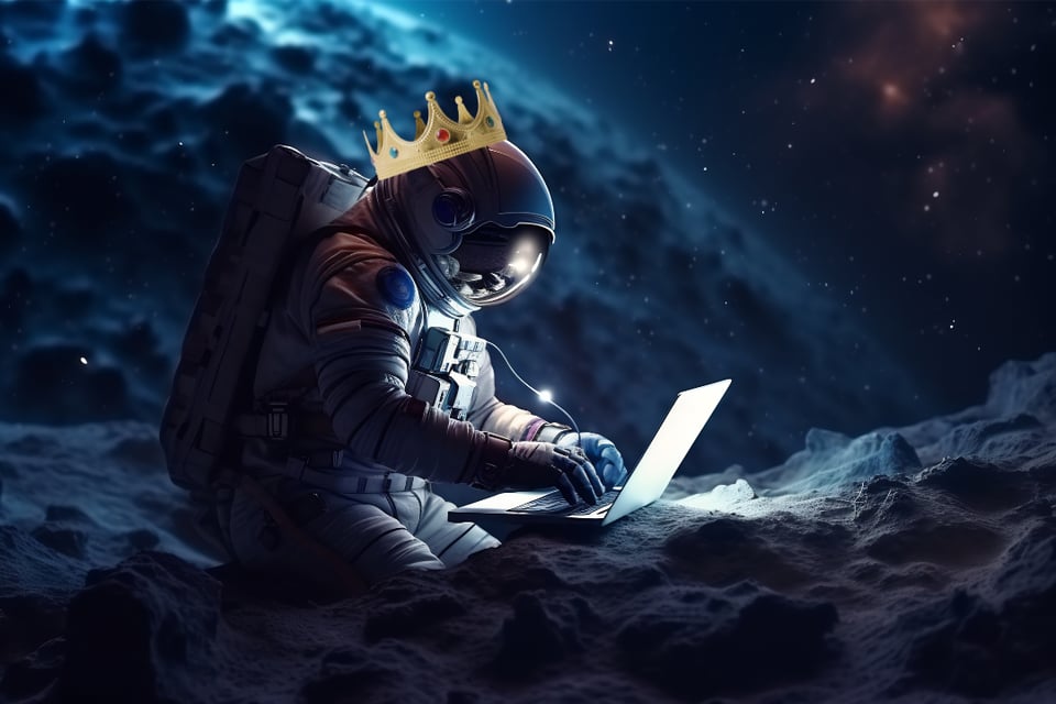 an astronaut using a laptop on the moon