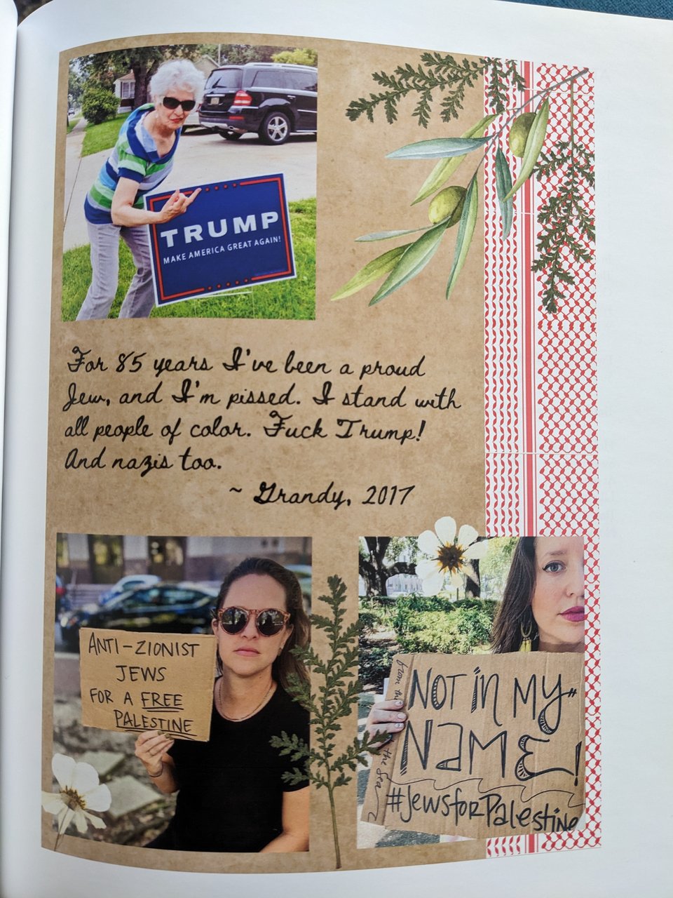 a collage from Zaftig. A red and white keffiyeh pattern, a photo of Molly's grandmother giving the middle finger to a Trump yard sign, two photos of Molly holding protest signs reading "Jews for a Free Palestine," an olive branch illustration, and a quote from Molly's grandmother that reads, "For 85 years I've been a proud Jew, and I'm pissed! I stand with all people of color. Fuck Trump! And Nazis too"