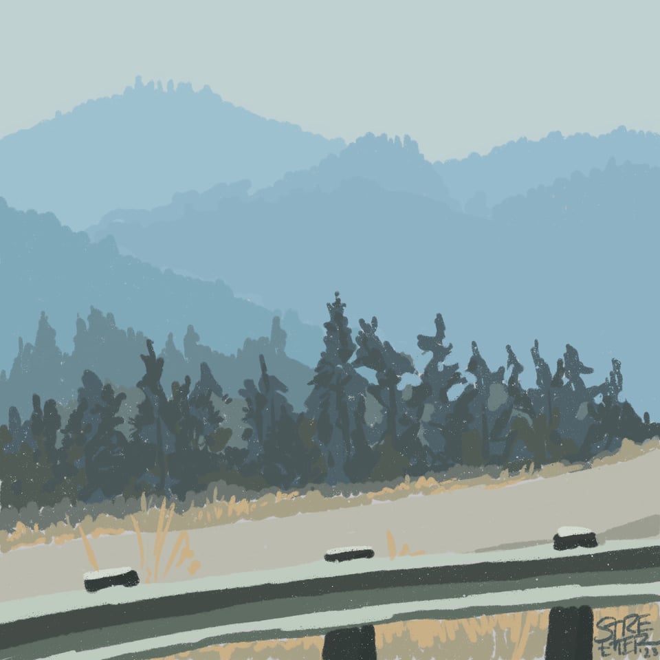 Color sketch of a landscape of tree covered mountains