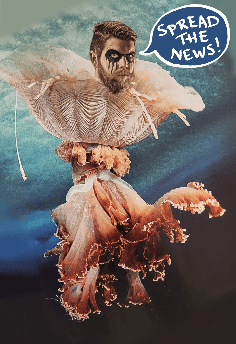 A collage of a jellyfish with a man's head on it as if the jellyfish was his dress. The man has black gothic make-up on.