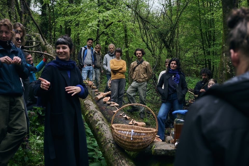 [A group of people in the woods with Vida as the central focus of the photo, pointing to something out of frame. Behind her is a felled tree with wooden objects lined up along it. Everyone behind Vida looks in the direction she is pointing.]