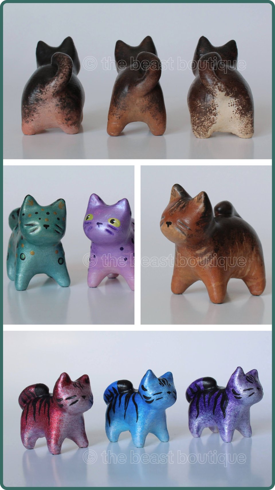 a collage with four different photo of small cat figurines. The top photo shows three brown tabbies with their behinds facing the camera. In the middle, the photos show two cats standing side by side, a metallic green leopard and a purple leopard. the phot next to that one shows a dark brown tabby from a 3/4 angle. Last, on the bottom, three glittery tigers with black stripes are lines up and facing 3/4s right, a red tiger, a blue tiger, and a purple tiger. the shop name, the beast boutique, watermarks the image.
