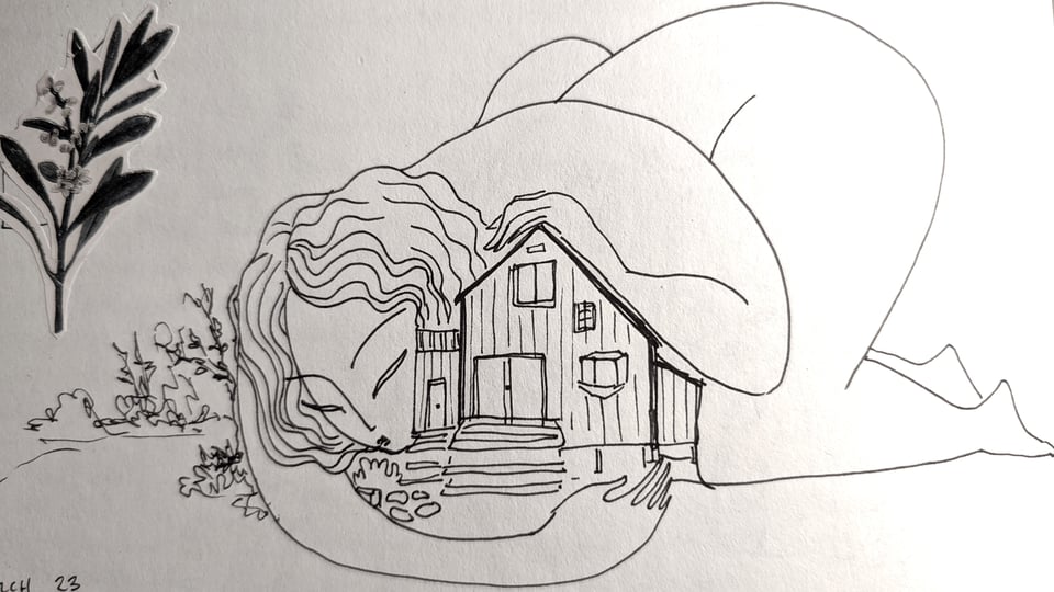 Drawing from journal, a figure holding a house in a protective embrace