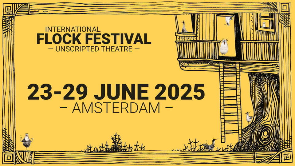 A yellow banner of the Flock Festival with the text: 23-29 June 2025 Amsterdam