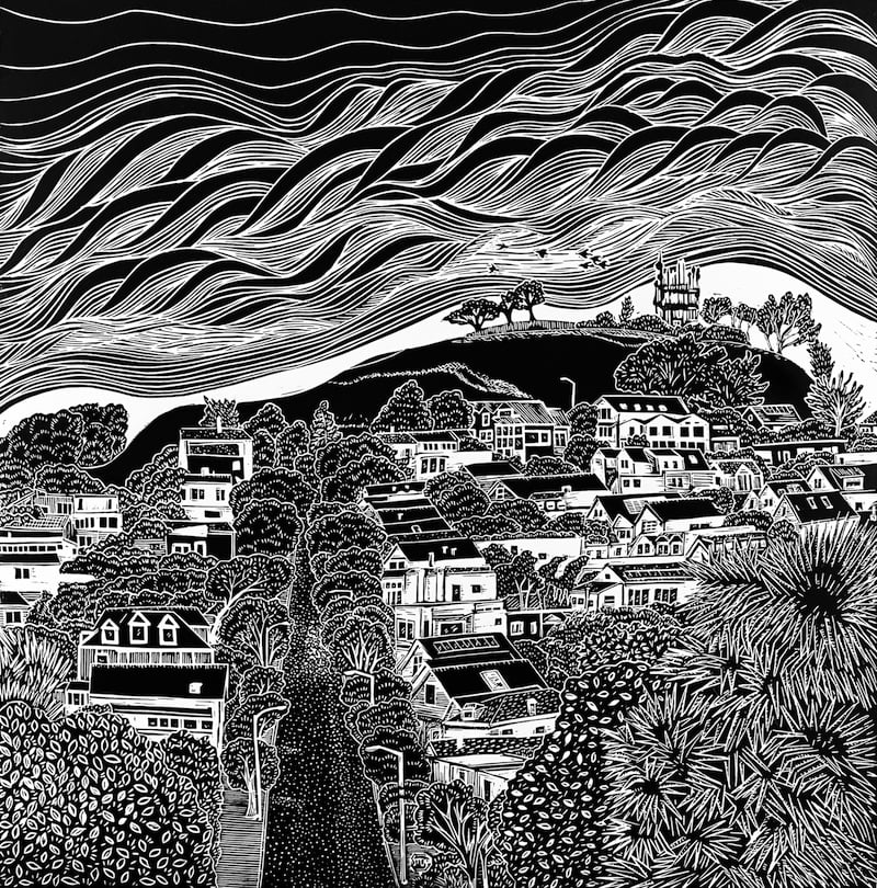 Flowing black lines to represent Karl the Fog flow over the image of Bernal Hill and the neighborhood of Bernal Heights. Black and white linoleum blockprint.