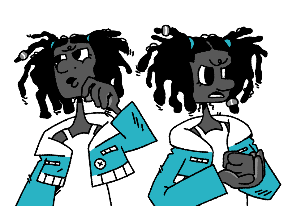 Two character portraits of Natalie. In both, Natalie gestures with their hands.