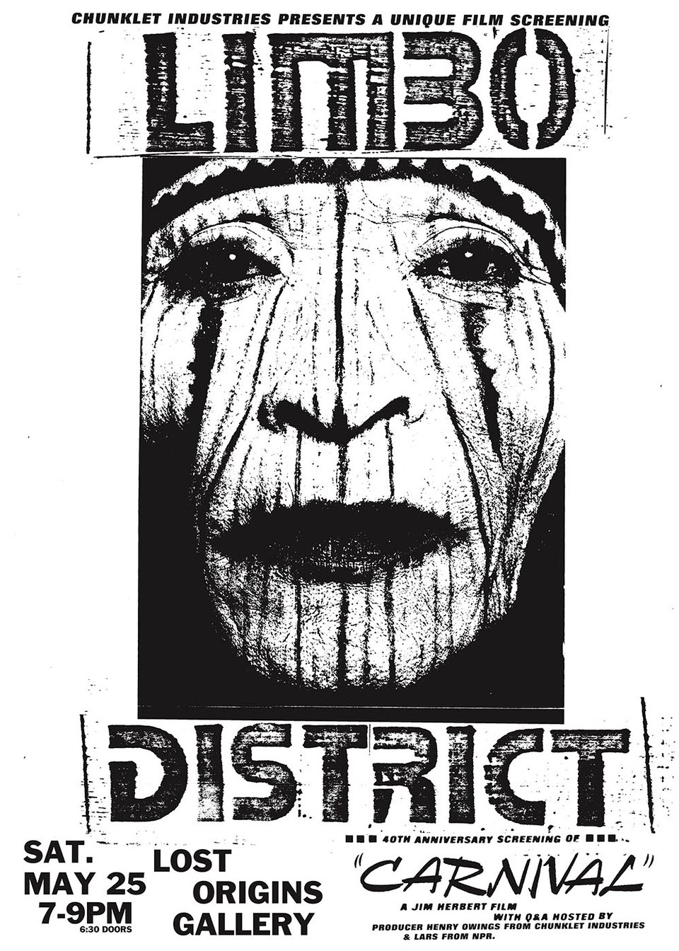 POster for screening of Carnival, featuring Limbo District. Saturday, May 25 at Lost Origins Gallery, 7-9 pm.