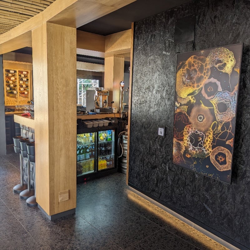 A photograph of a vertical 55" display showing A Life Cycle on a black wall inside a Japanese restaurant. The columns in the space are bamboo-colored, the floor dark gray. A fridge containing drinks is visible in the middle, some horizontal wine bottles on a wall on the background.