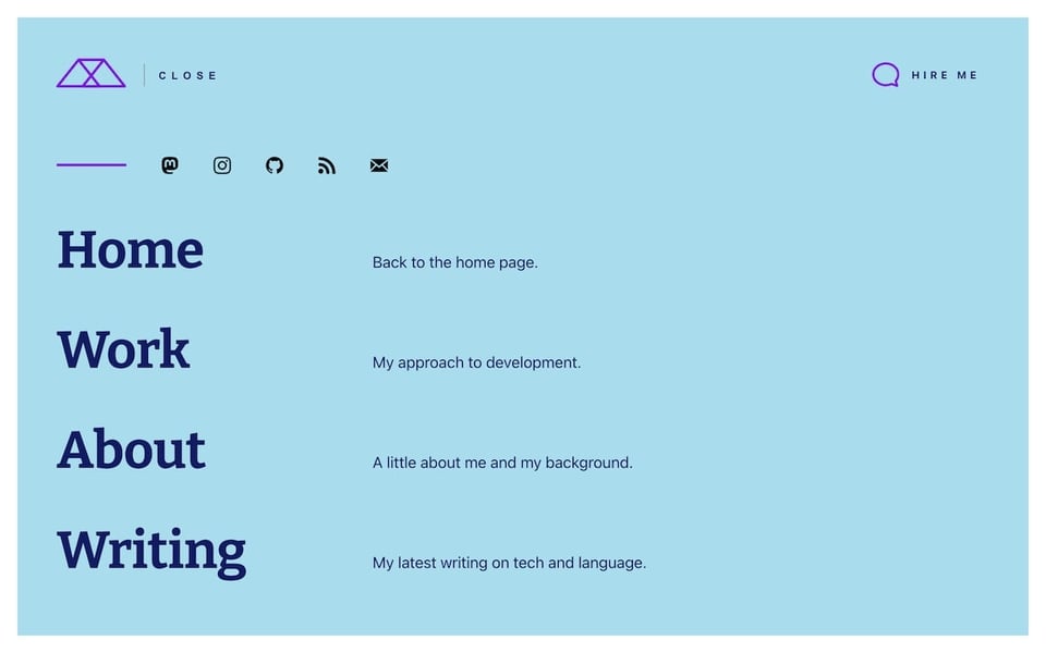 The main navigation with large links for home, work, about, writing