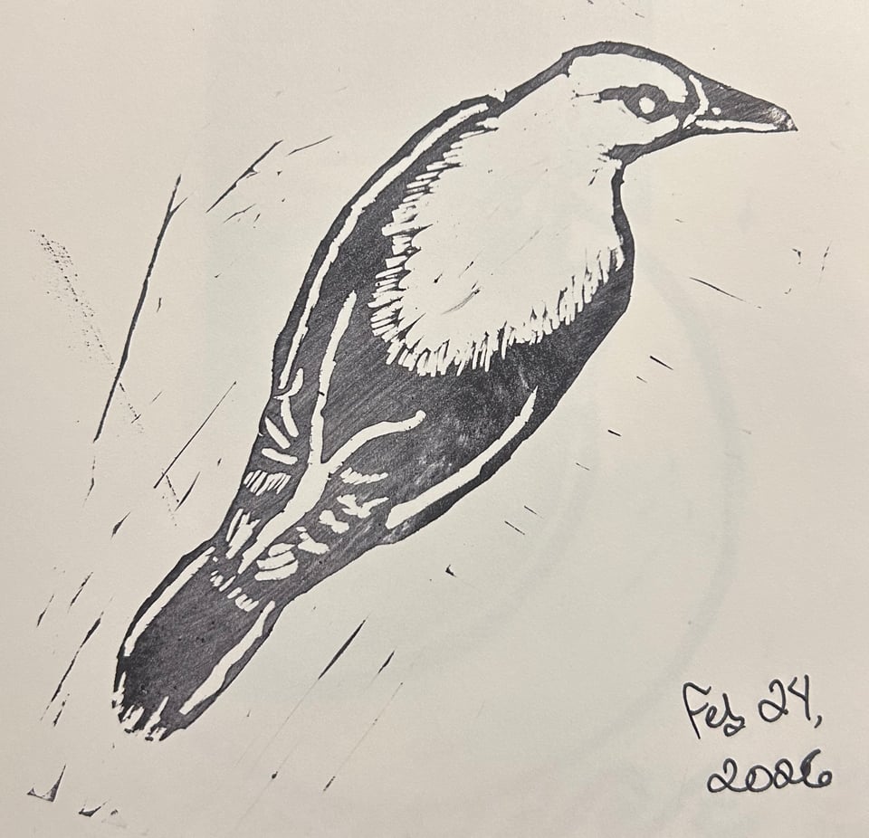 A rough linocut of a bird, dated February 24, 2026.