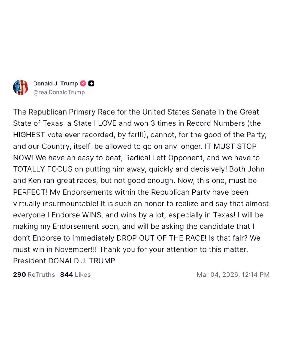 Trump is about to endorse a GOP candidate for Senator from Texas. His tweet.