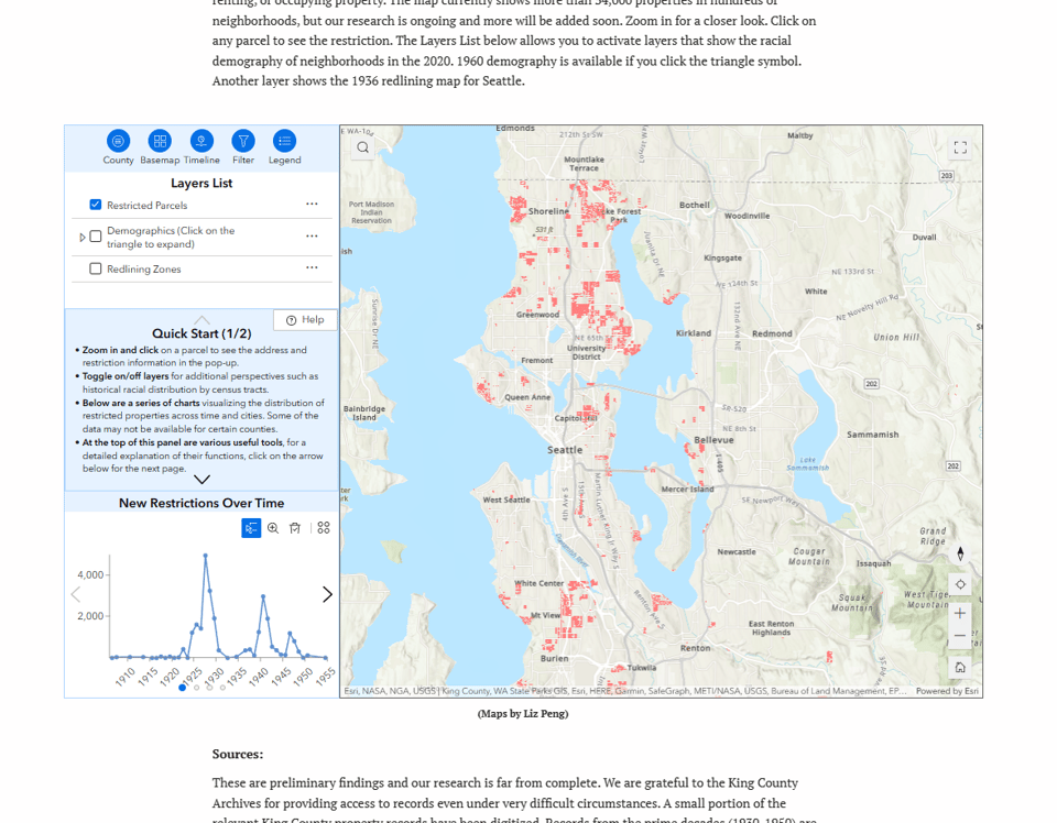 A screenshot of the new individual property racial restrictions map for King County. To the left of the image, there is a sidebar with a Layers List filled with toggleable layer options, a Quick Start guide with instructions on how to use the map, and a New Restrictions Over Time graph displaying the number of new restrictions created each year from 1906 to 1955.