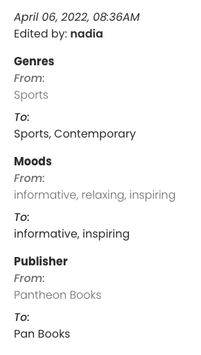 Screenshot showing an example edit log item. The date is at the top, alongside the username of the user who made the changes. Then there are different headings of "Genres", "Moods" and "Publisher" and a "From" and "To" detailing each change.
