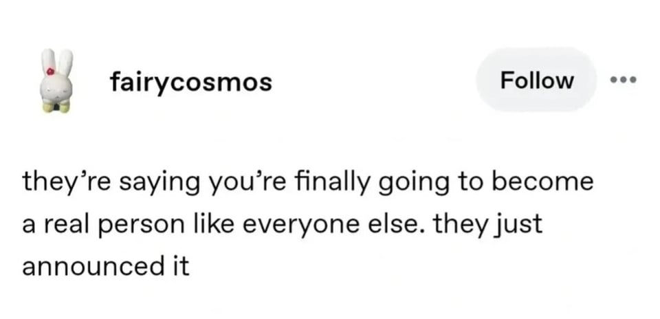 fairycosmos

they're saying you're finally going to become a real person like everyone else. they just announced it