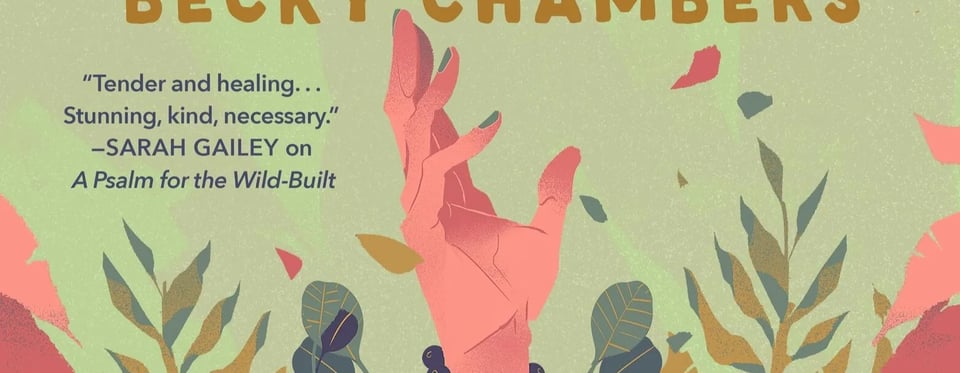 a section from the new paperback cover of the monk and robot collection. Dex's hand reaches upwards, surrounded by plants