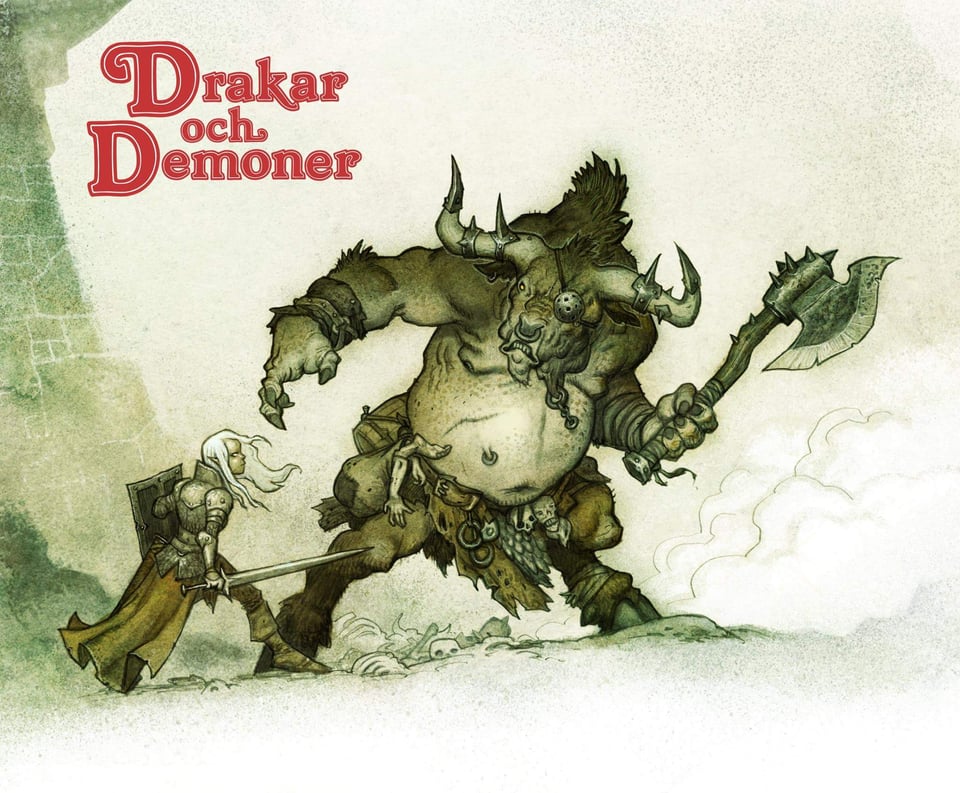 An Elf takes on a bull headed demon with a large axe in Drakar och Demoner