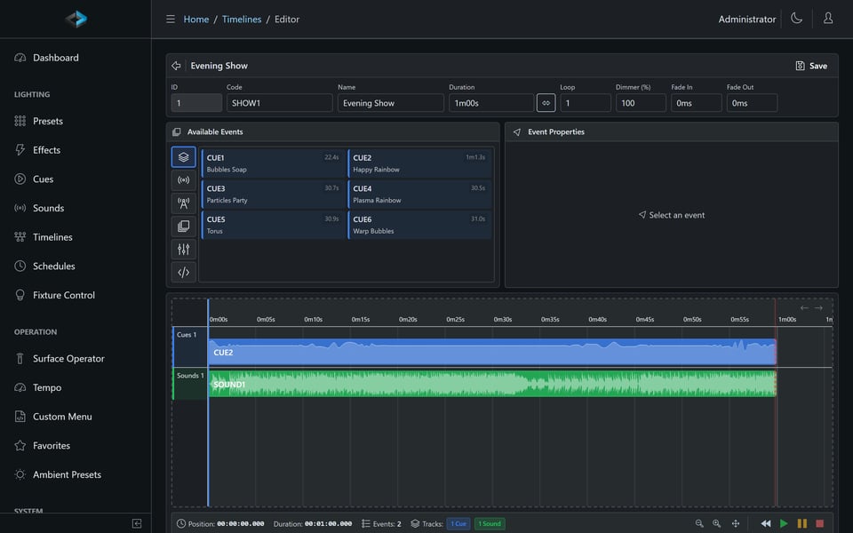 The DMX Core 100 timeline editor