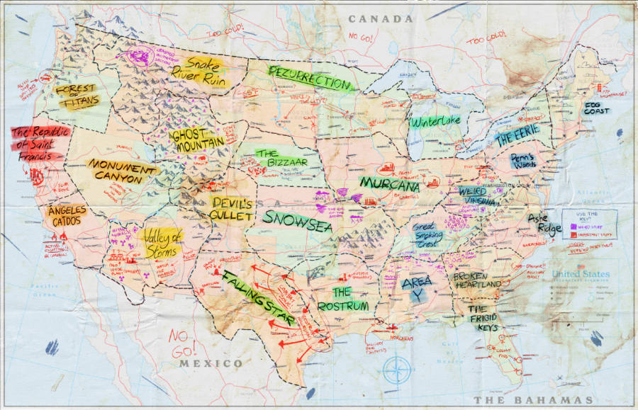 The map of the United States, all the old details overwritten in marker and colored pencil, detailing areas named The Eerie, MURCANA, Devil's Gullet and Snake River Ruin.