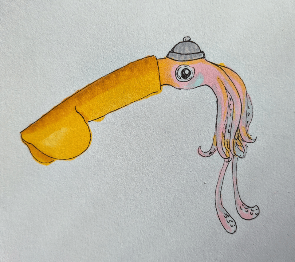 Ink and marker drawing of a Brachioteuthis beanii squid wearing a beanie. The squid is golden and pink; the beanie is gray. The hat is properly situated on the squid's head, not its mantle.