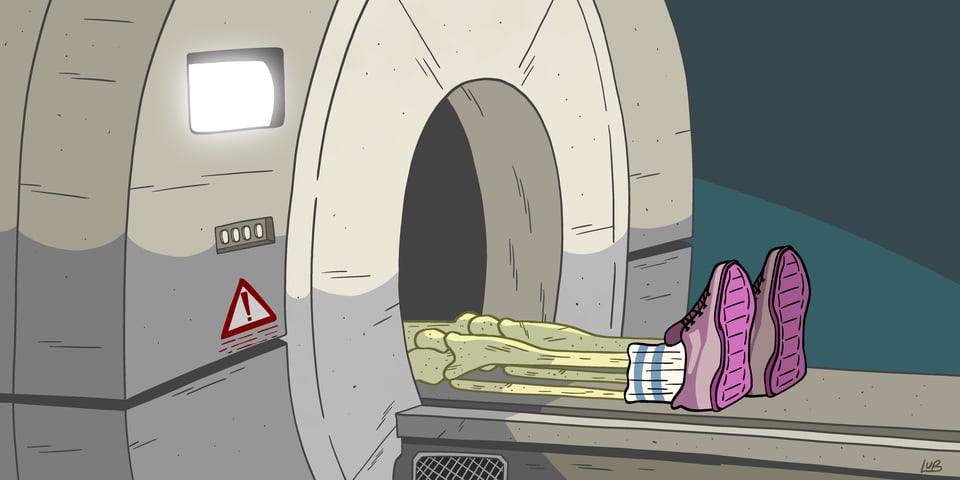 An illustration of a pair of skeleton legs wearing purple sneakers, sticking out of an MRI machine