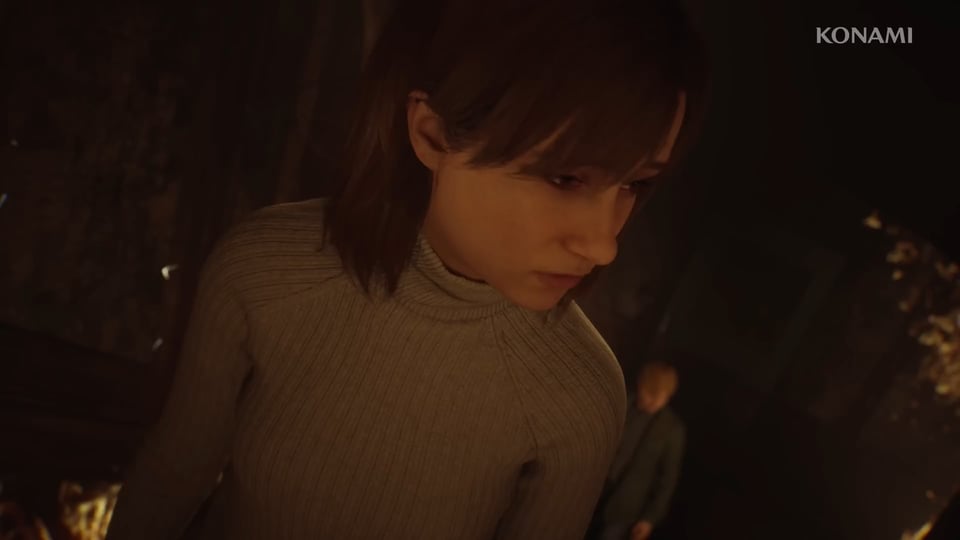 Angela walking up the stairs looking at James from over her shoulder