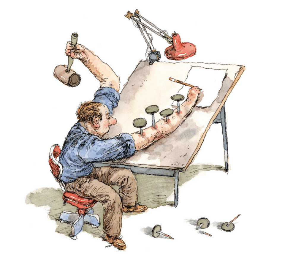 illustration of an artist at a drawing table, hammering tacks into his drawing arm