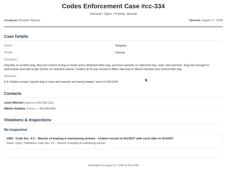 sample codes enforcement case in print view