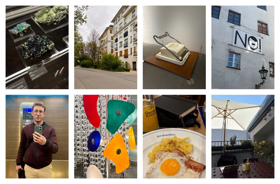 Collage vom April: München, ein riesiger Eierschneider, ein Spiegelei, ein Foto von der Terrasse, ein Aufzug-Selfie