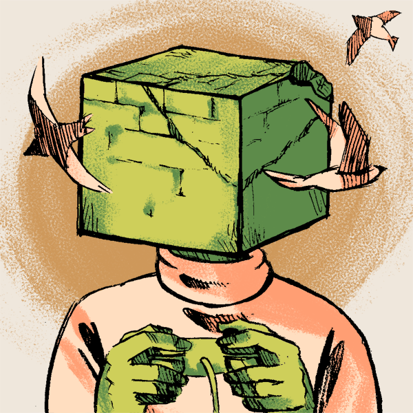 Portrait from the Wednesdays Character Creator. The character has a green brick head and a pale orange turtleneck. Swifts are flying around their head while they’re playing a video game.