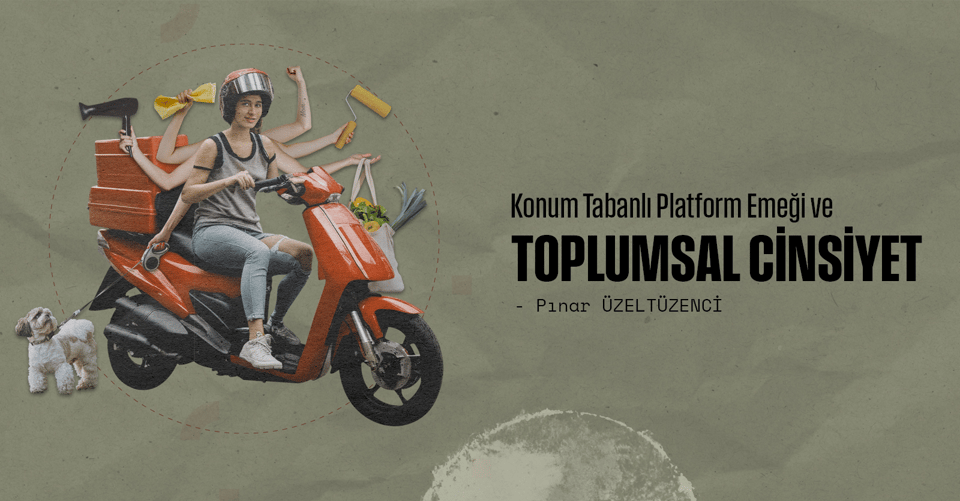 Toplumsal Cinsiyet konusu açılış imajı scooter üzerinde bir kadın bir çok kolu farklı işleri temsil eden saç kurutma makinesi, alışveriş çantası, boya fırçası gibi objeler tutuyot