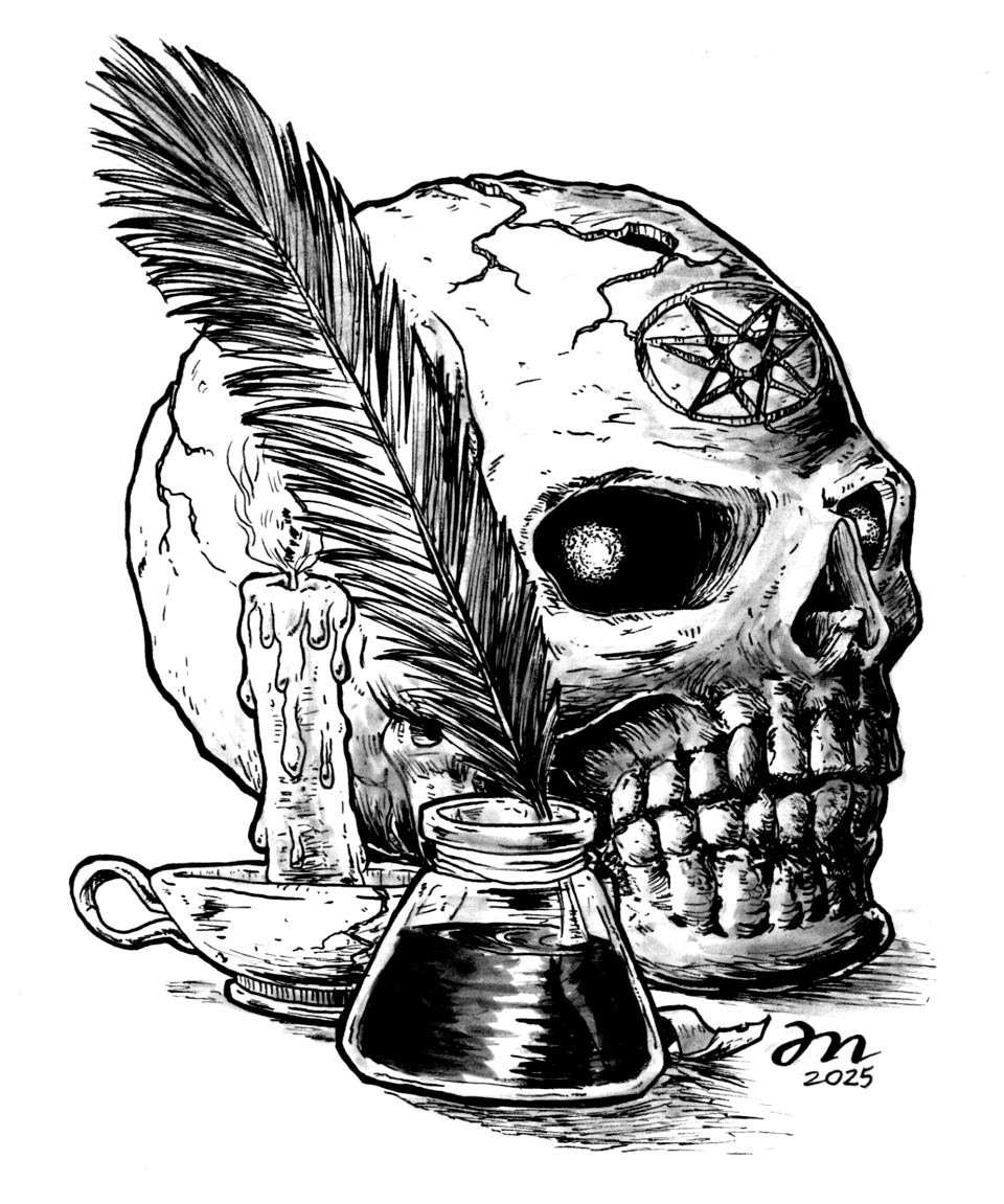 Black and white, ink and wash illustration of a ink pot with a pen, and a candle and a sinister skull in the backround.