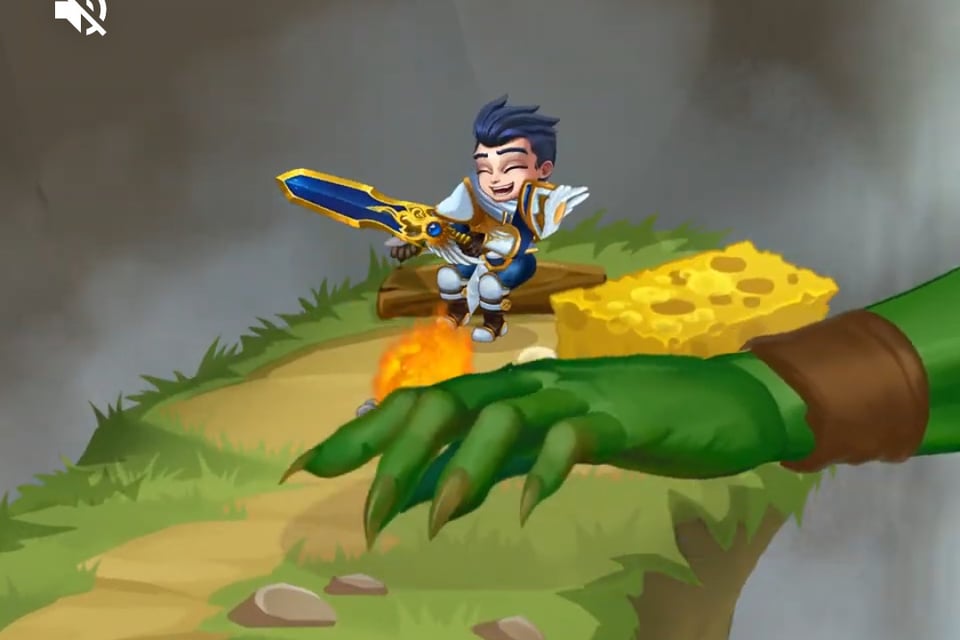 A blue-haired knight polishes a large sword while sitting by a campfire. Next to him is an enormous sponge, and from off-camera a gigantic green female ogre's hand is groping for the sponge.