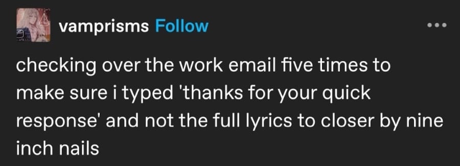Tumblr screenshot of a post by vamprisms: checking over the work email five times to make sure i typed 'thanks for your quick response' and not the full lyrics to closer by nine inch nails