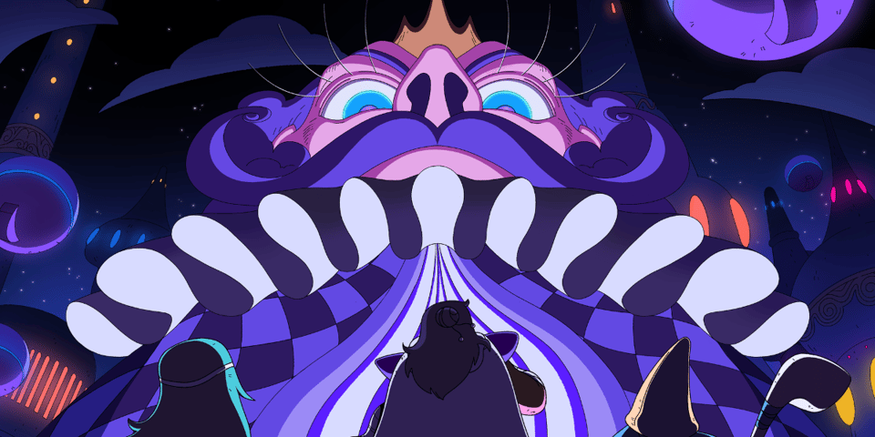 A mad king looms over an adventuring party.