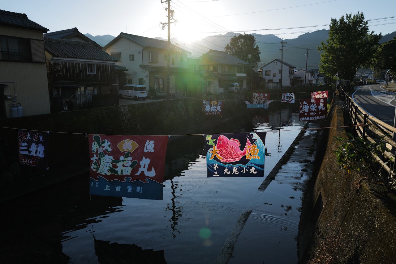 A river with a lot of Japanese flags