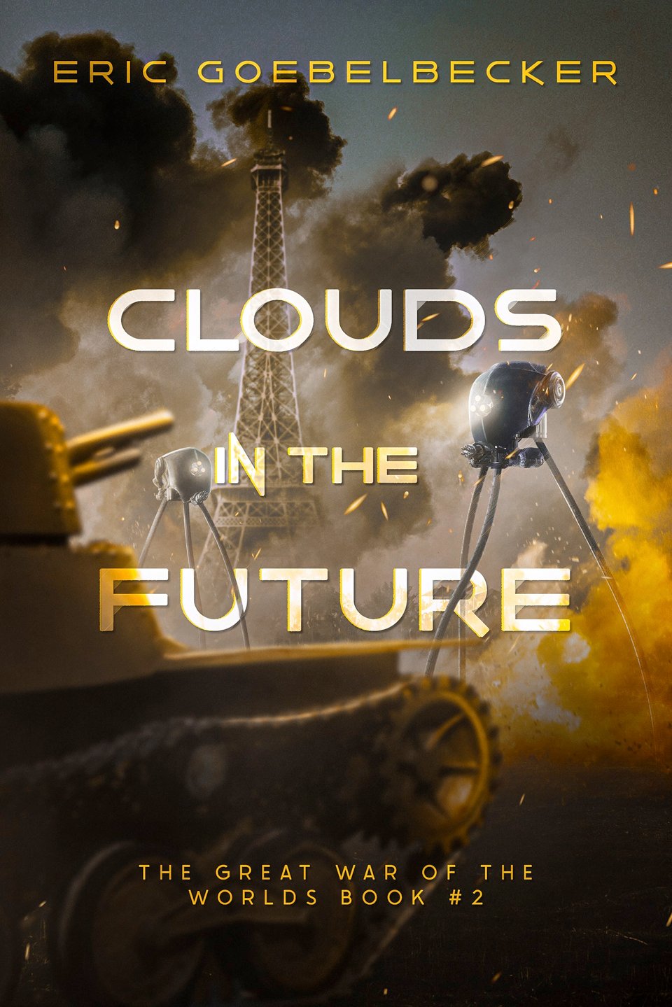 The Cover to Clouds in the Future. A tank battling a Martian with the Eiffel Tower in the background