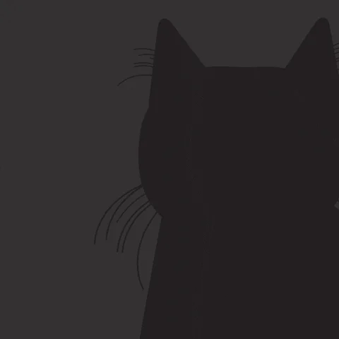A cartoon black cat is a barely visible shadow, though its yellow eyes open, blink, and look around