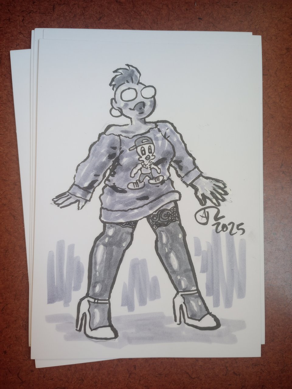 Drawing of Val in a Tweety Bird sweatshirt, thigh highs, and heels
