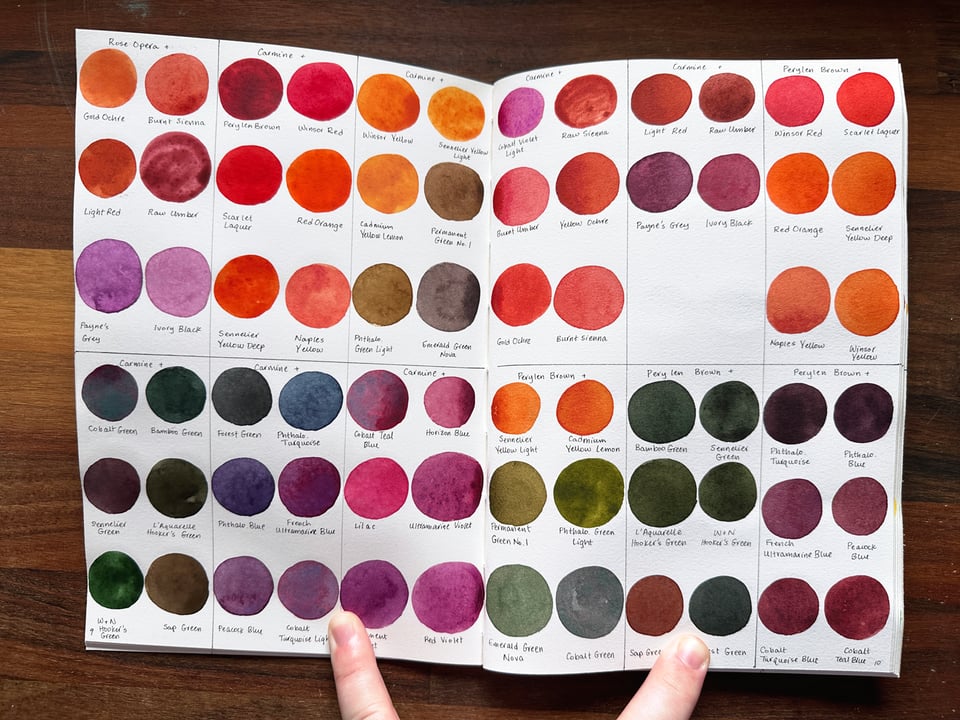 A spread of mostly red and purple watercolor swatches.